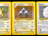 three pokemon cards with different designs on them on a black background