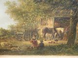 un tableau représentant un homme et une femme avec des chevaux dans un champ