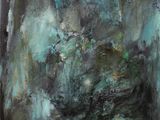 an oil painting of a green and black landscape with trees