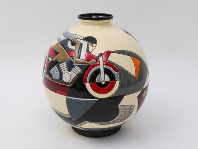 a vase with a motorcycle painted on it on a white surface