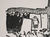 drawing of a church with a clock tower and a crowd of people