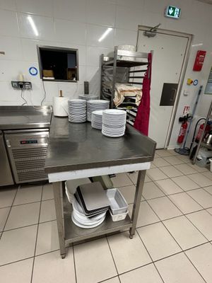 a kitchen with many plates and pans on the counter