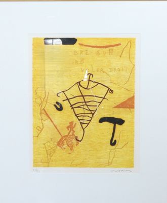 tableau représentant un fond jaune sur lequel figure un homme tenant un parapluie