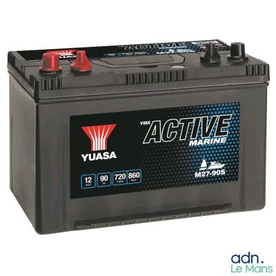 a black car battery with the words active marine on it