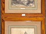deux aquarelles représentant un château et une ville