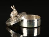 two silver rings with a rabbit sitting on top of them on a black surface