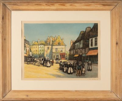 painting of a street scene with a horse drawn carriage and a horse drawn carriage