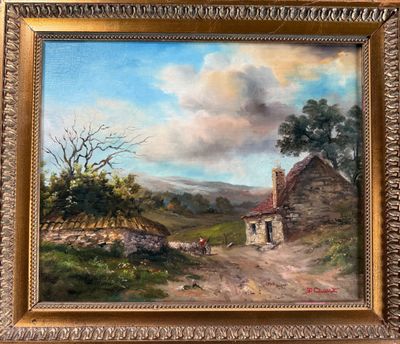 une peinture à l'huile représentant une scène rurale avec une maison et une vache