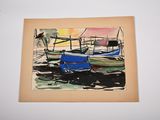 a picture of a painting of boats on the water