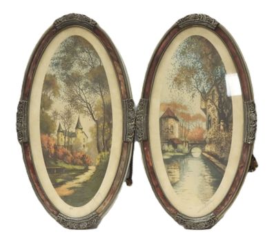 two framed pictures of a river and a house with a bridge