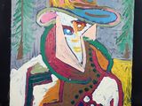 tableau représentant un homme, coiffé d'un chapeau et vêtu d'un manteau, assis devant des arbres