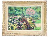 une peinture à l'huile représentant un jardin avec des fleurs et des arbres en arrière-plan