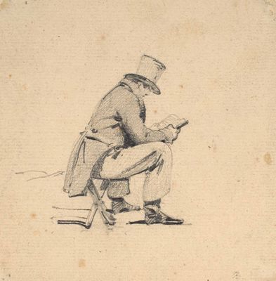 a drawing of a man sitting on a chair reading a book