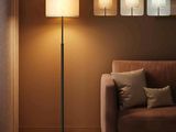 une photo d'un salon avec un canapé et une lampe