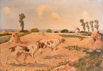 a painting of a woman and two dogs in a field