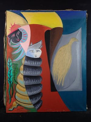 an image of a painting of a cat and a bird on a black background