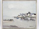 a painting of a boat on a body of water
