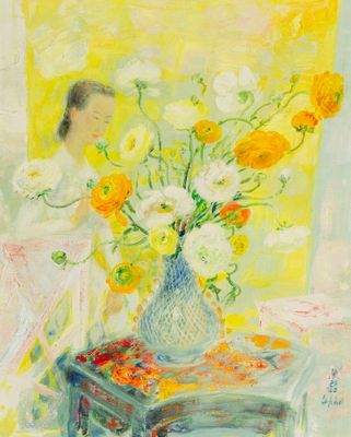 an image of a painting of a woman standing in front of a vase of flowers