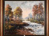 une peinture représentant un ruisseau dans une zone boisée, avec des arbres