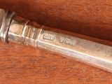 a silver spoon sitting on top of a wooden table