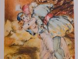 an image of a painting of a woman in a dress and a man on a horse
