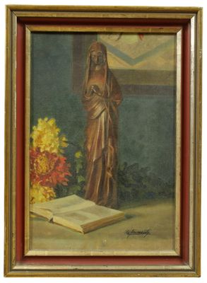 une peinture à l'huile représentant une femme en train de lire un livre à côté d'un vase de fleurs