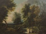 painting of a wooded landscape with figures and animals in the foreground