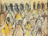 a painting of a group of people walking in the street