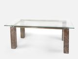 an image of a glass table with wooden legs and a glass top
