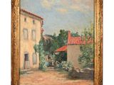 a painting of a house with a red roof and a red roof