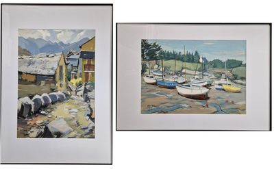 Michel MAURY (Né en 1942) Voilier à marée basse et vue de vi…