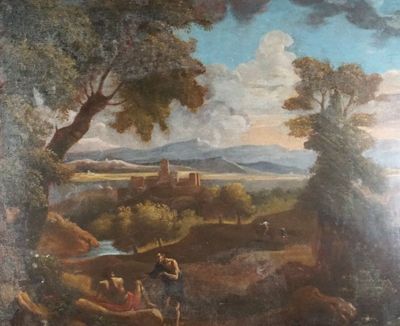 peinture représentant un paysage avec un homme et une femme dans une barque sur une rivière