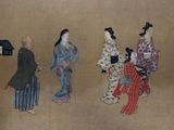 a painting of a group of people walking down the street