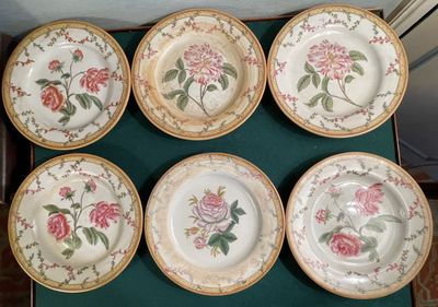 six plates with flowers painted on them on a green table