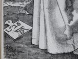 a black and white drawing of a woman holding a book