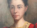 an oil painting of a woman in a red dress