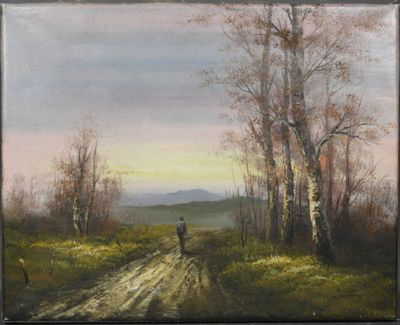 une peinture à l'huile représentant une personne marchant sur un chemin de terre
