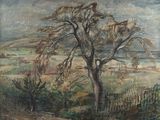 l'image d'un tableau représentant un arbre au milieu d'un champ