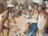 tableau représentant un groupe d'hommes jouant au croquet