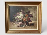 une peinture à l'huile représentant des fleurs dans un vase sur une table