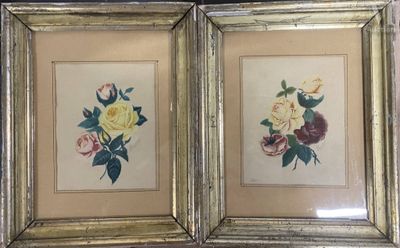 two framed pictures of flowers in gold frames on a table