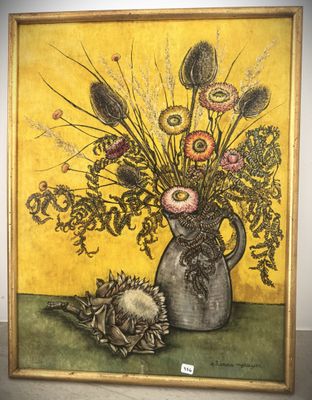 a painting of flowers in a vase and a shell on a table