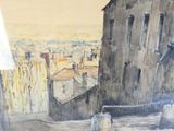 une peinture représentant une scène de rue avec des bâtiments en arrière-plan