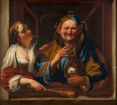 painting of a man and a woman holding a cat in front of a window