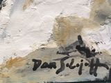 a painting of a man riding a skateboard on a rock
