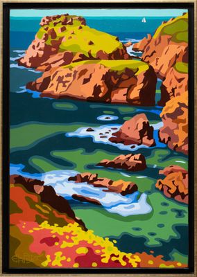 an image of a painting of a rocky coastline with a sailboat in the distance