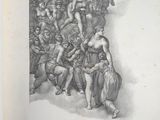 an old book with a drawing of a man sitting in front of a crowd of people