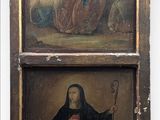 two paintings of a woman holding a baby and a man holding a child