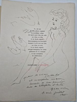an old book with a drawing of a woman sitting on top of a table