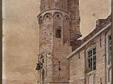 painting of an old building with a clock tower in the middle of it
